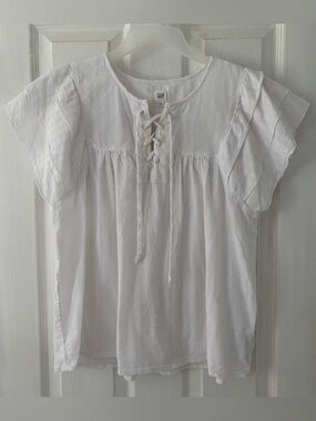 GAP White Textured Peasant Top with Lace-Up Detail